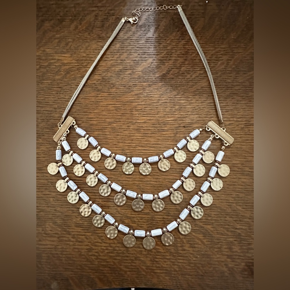 Beautiful unique 3 tier beaded necklace comfortable leather, adjustable clasp